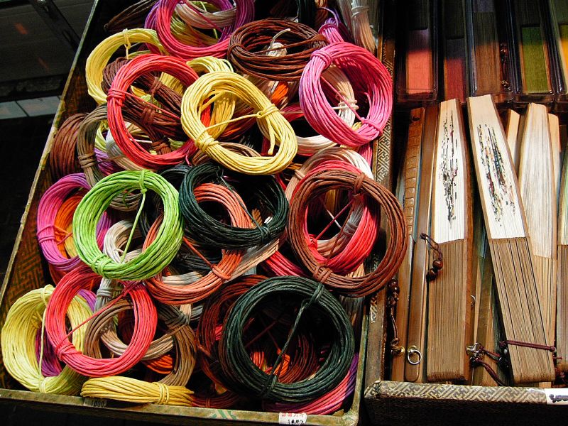 Colored cords and fans in Insadong, photographed March 10, 2005, by SJ Yang.