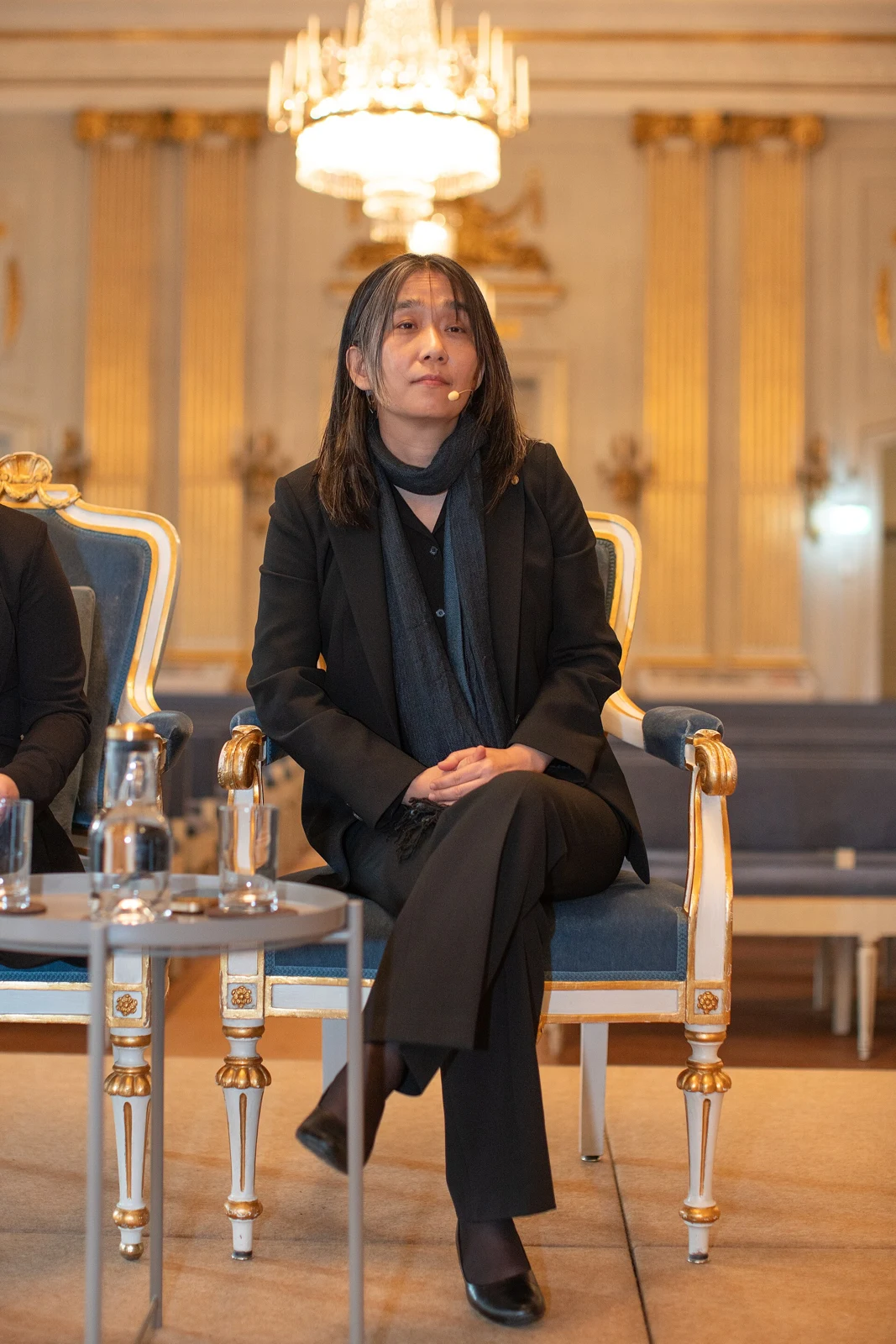 Han Kang at a Nobel Week press conference in Stockholm on 6 December 2024.