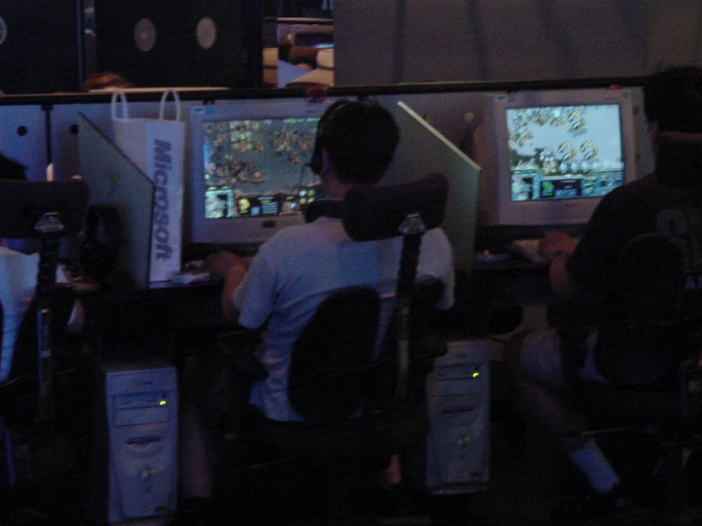 People playing StarCraft in a PC bang, photographed on 19 July 2001.