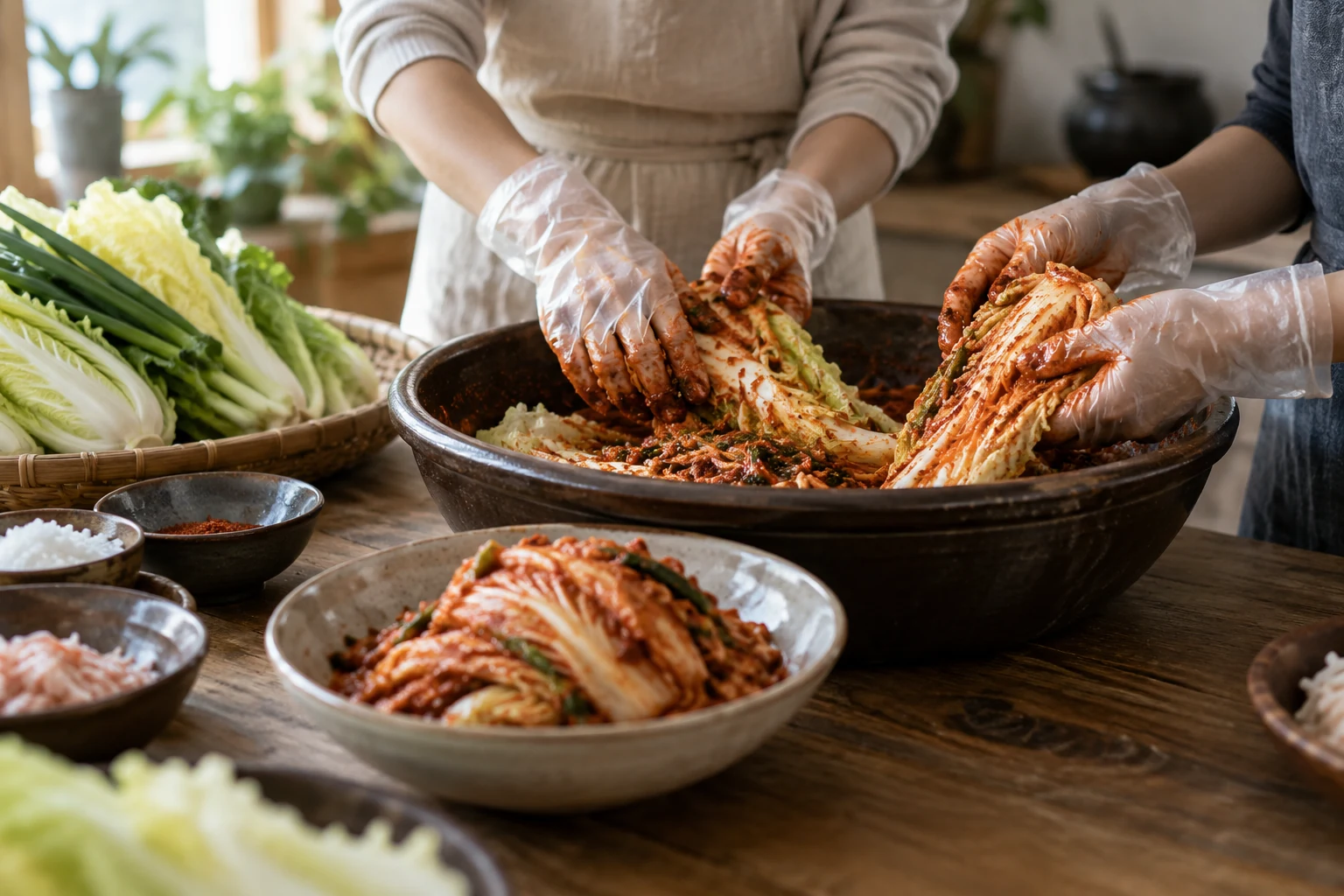 AI-generated editorial image of kimchi preparation.