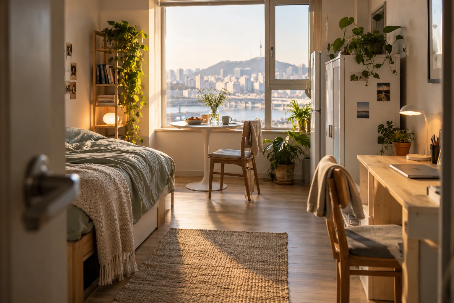 A small living space with a window-side table and bed