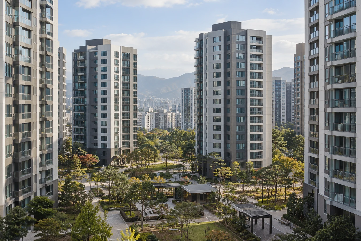 Apartment buildings around a landscaped courtyard