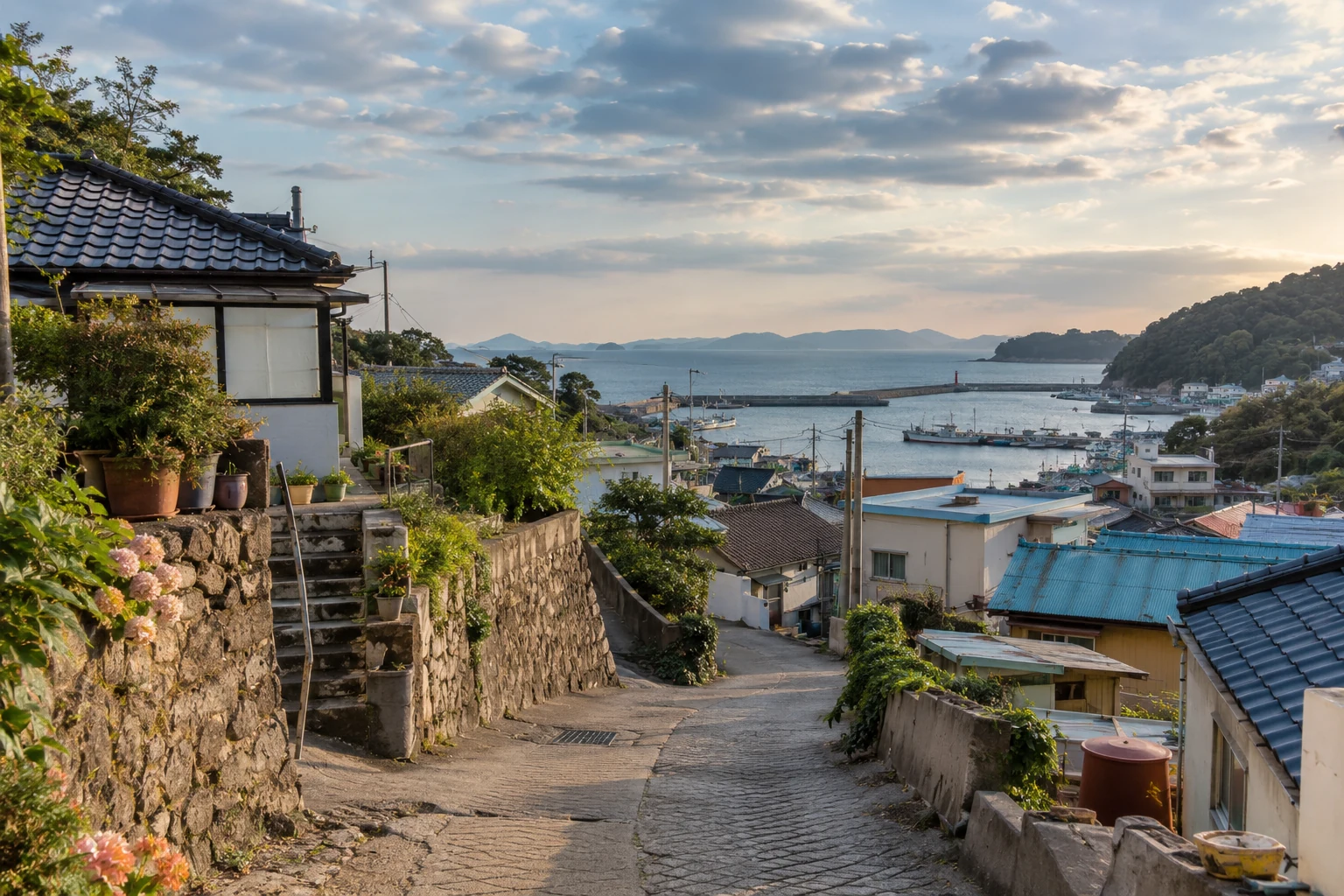 A low-rise coastal neighborhood overlooking a harbor