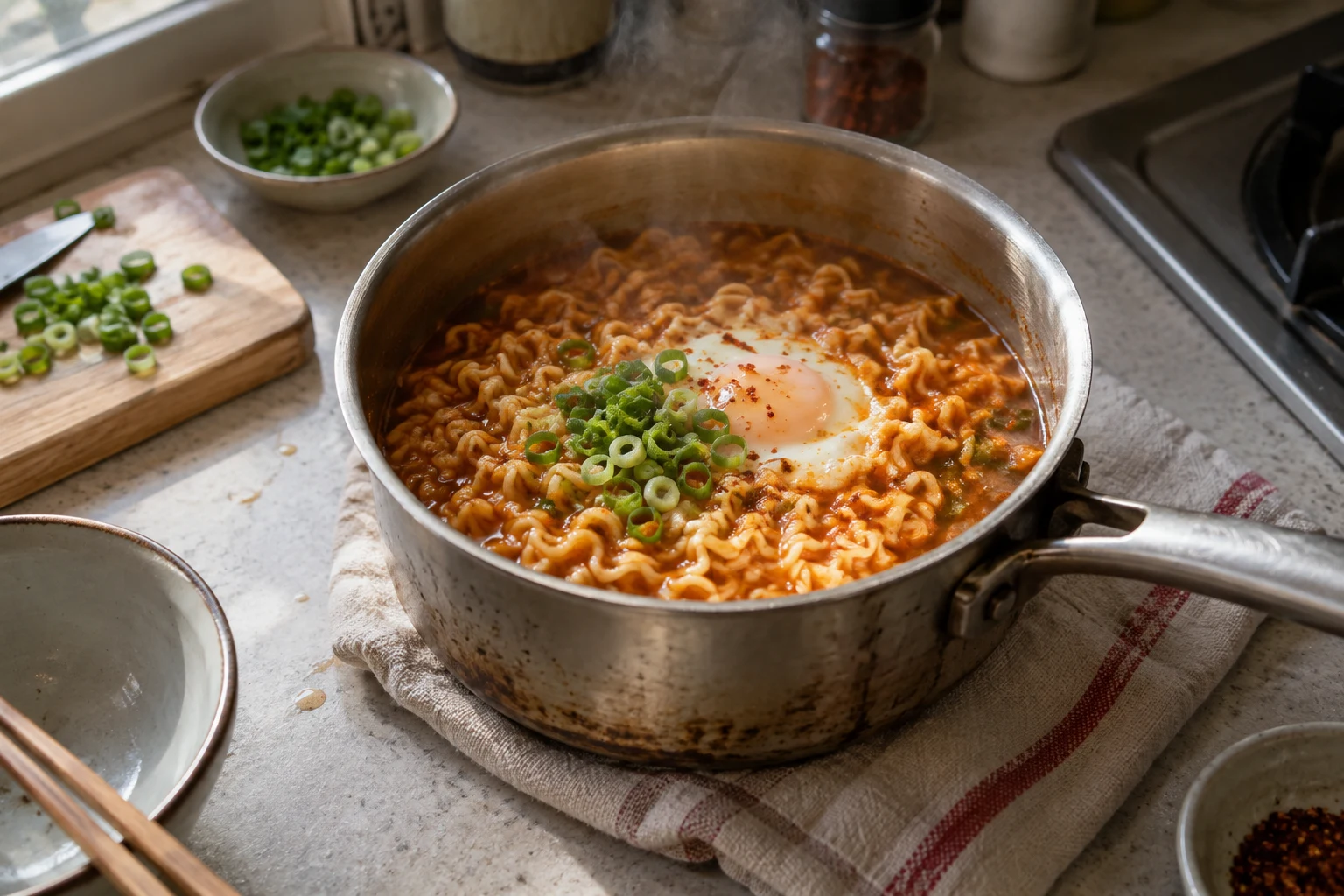 AI depiction of broth noodles with egg and scallions in a saucepan
