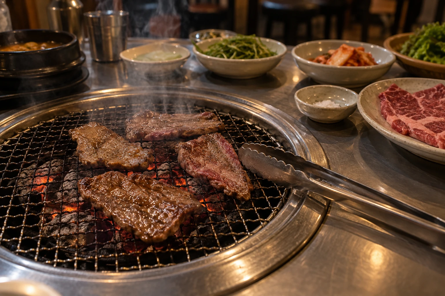 AI image of beef and side dishes around a charcoal grill