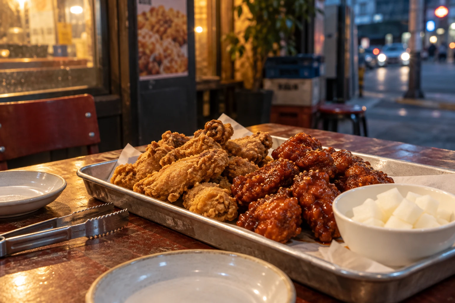 Editorial scene of plain and red-sauced chicken on one tray