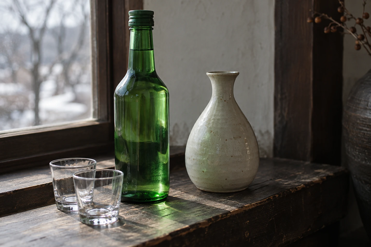 AI image of a green bottle, ceramic carafe and empty glasses on a wooden shelf by a window