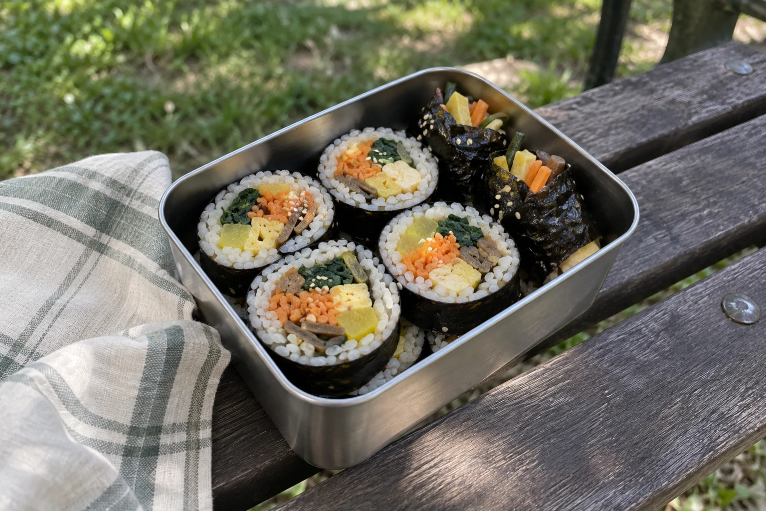 Editorial image of gimbap in a metal lunchbox on a park bench