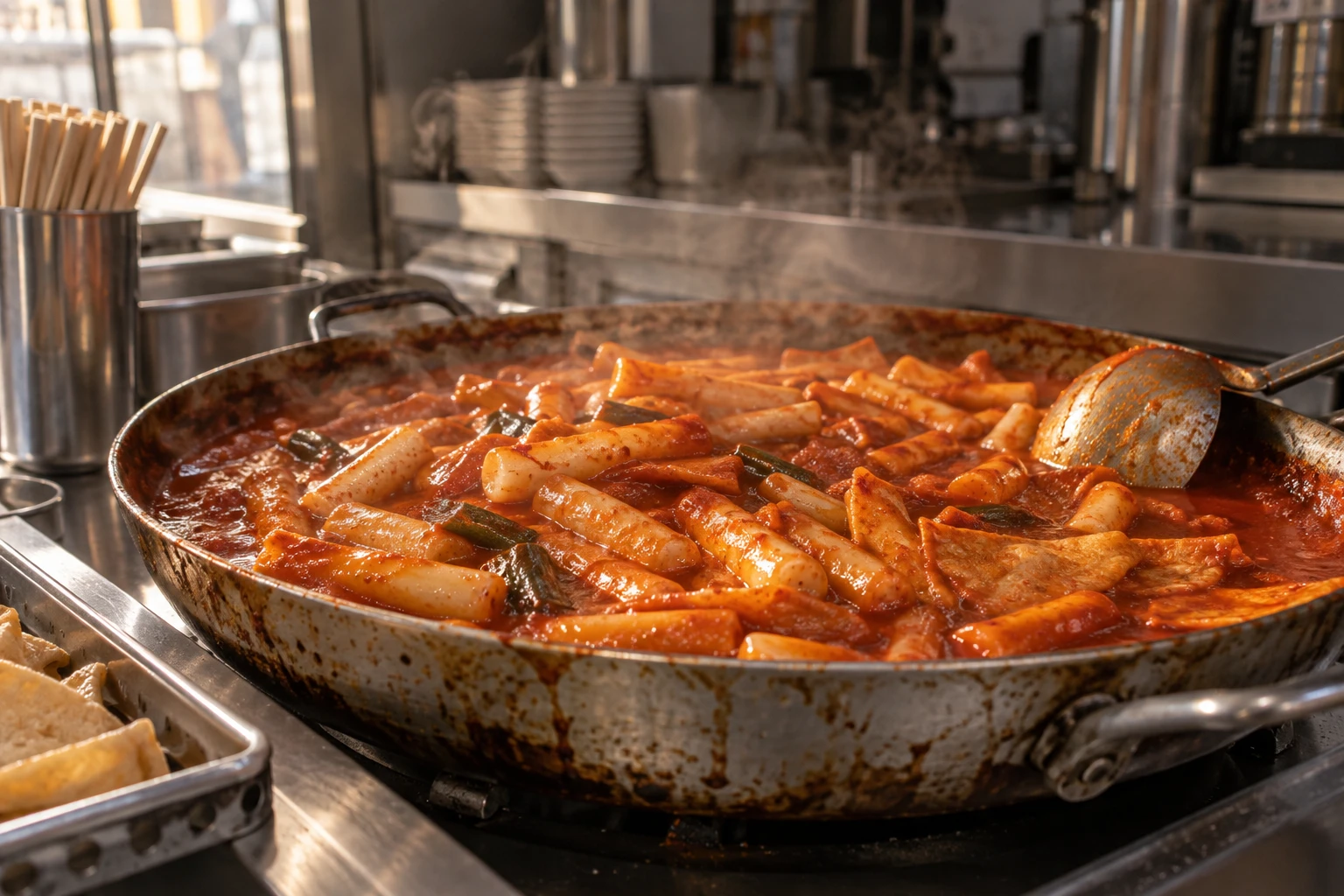 AI image of a broad pan with red-sauced cakes, fish cake and scallions